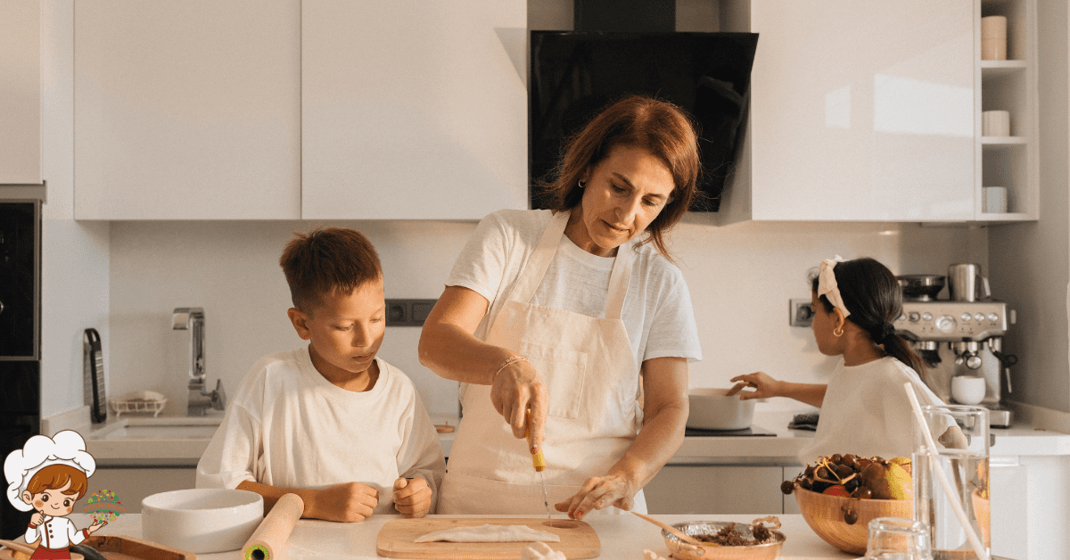 a woman and two children in a kitchenFamily Friendly Meal Prep for Weight Loss