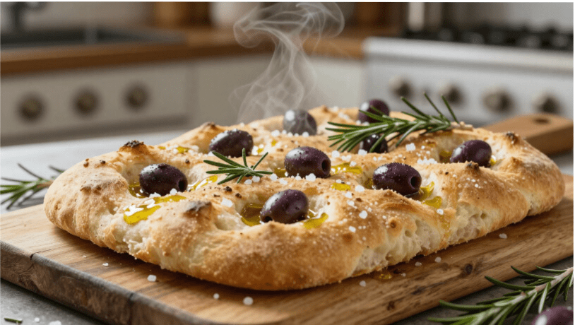 Sea Salt Rosemary Focaccia with Pressed Olives