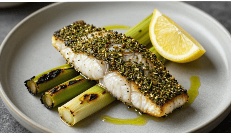 Crusted Tilapia with Smoky Charred Leeks